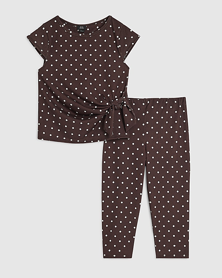 Girls Brown Tie Side Spot T-Shirt Set