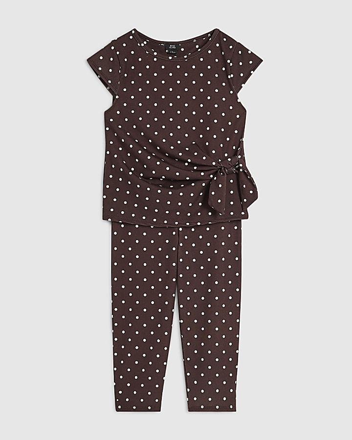 Girls Brown Tie Side Spot T-Shirt Set