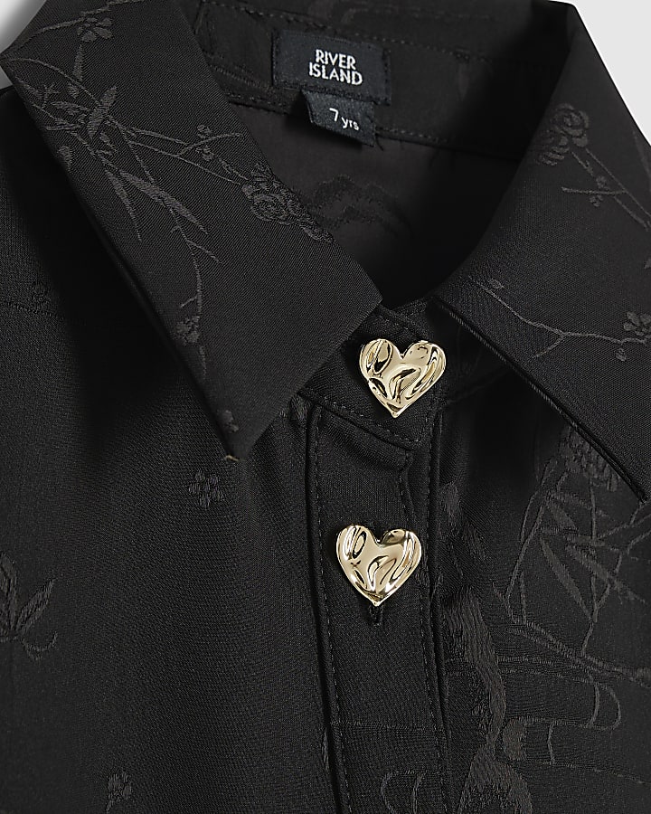 Girls Black Jacquard Floral Shirt Tie Dress
