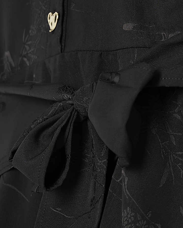 Girls Black Jacquard Floral Shirt Tie Dress