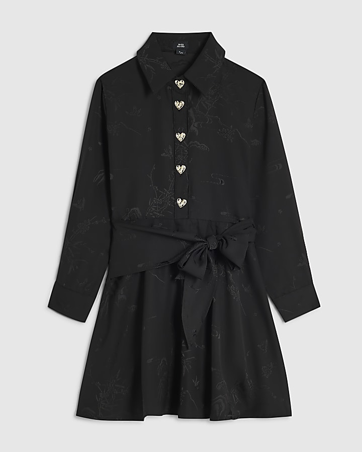 Girls Black Jacquard Floral Shirt Tie Dress