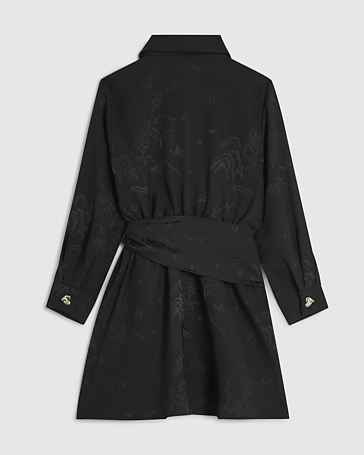 Girls Black Jacquard Floral Shirt Tie Dress