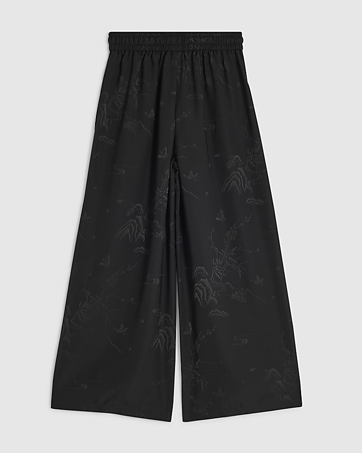 Girls Black Floral Jacquard Wide Leg Trousers