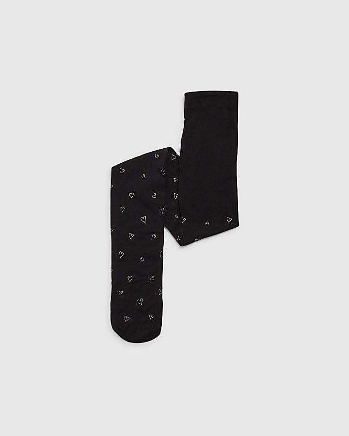 Mini Girls Black Gold Glitter Heart Tights