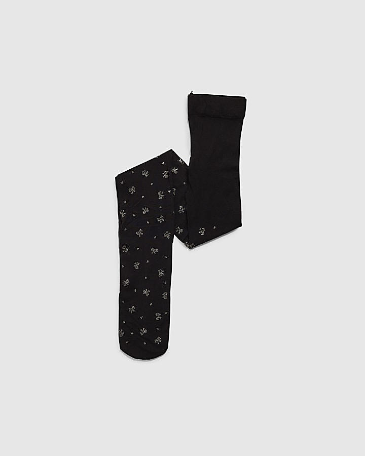 Mini Girls Black Silver Glitter Bow Tights