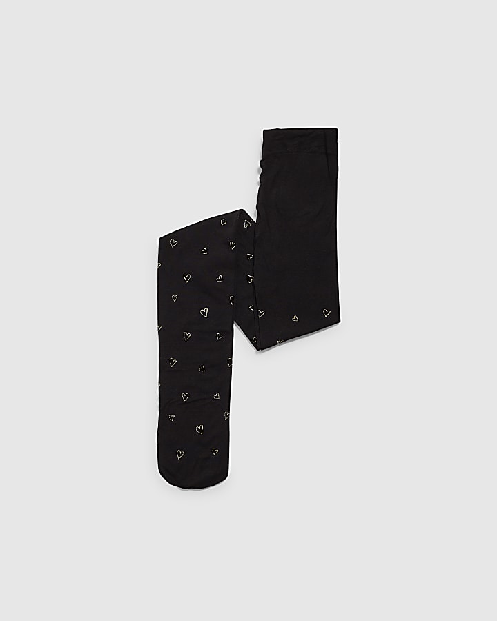 Girls Black Gold Glitter Heart Tights