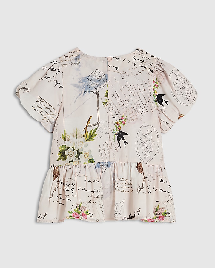 Mini Girls Pink Floral Puff Sleeve Blouse