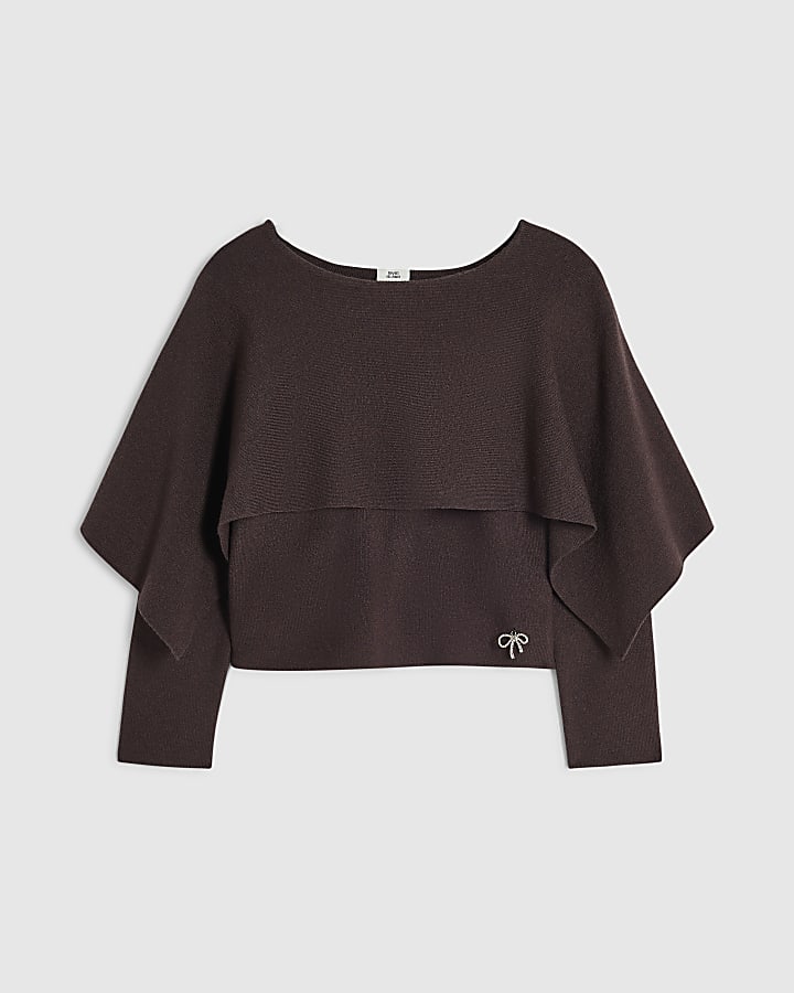 Girls Brown Long Sleeve 2-In-1 Cape Jumper