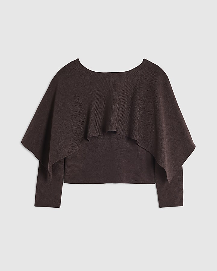 Girls Brown Long Sleeve 2-In-1 Cape Jumper
