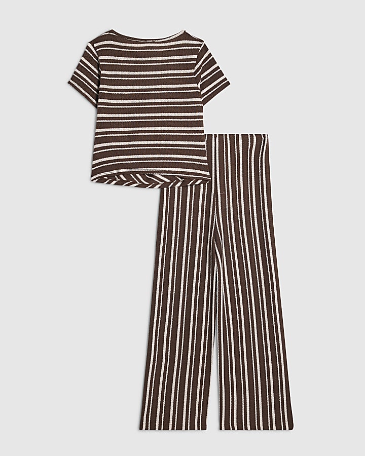 Girls Brown Stripe T-Shirt and Trousers Set