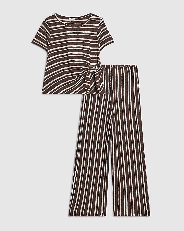 Girls Brown Stripe T-Shirt and Trousers Set