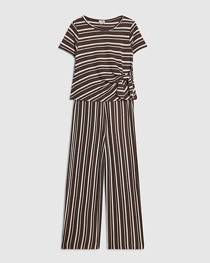 Girls Brown Stripe T-Shirt and Trousers Set