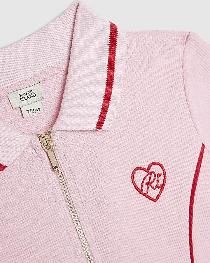 Girls Pink Ribbed Collar Dress