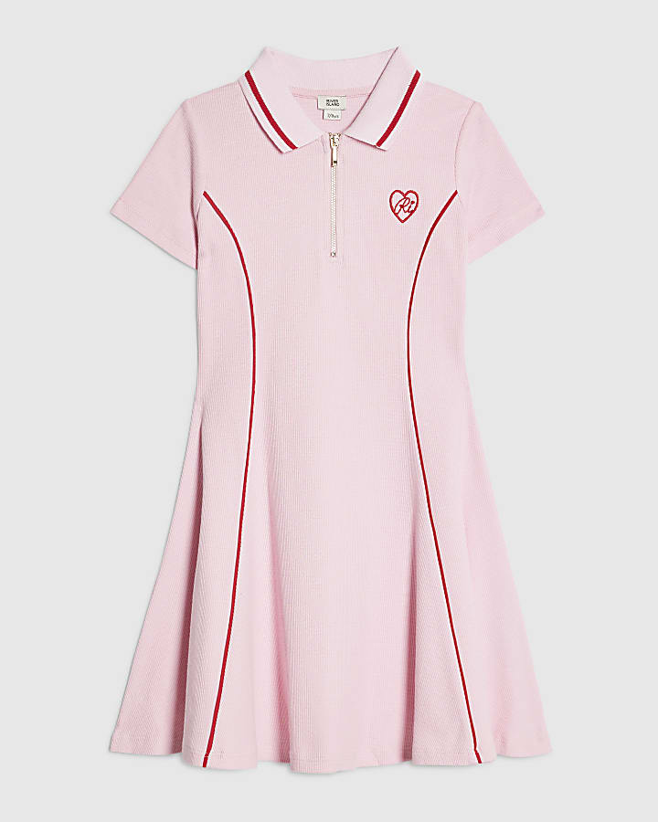 Girls Pink Ribbed Collar Dress