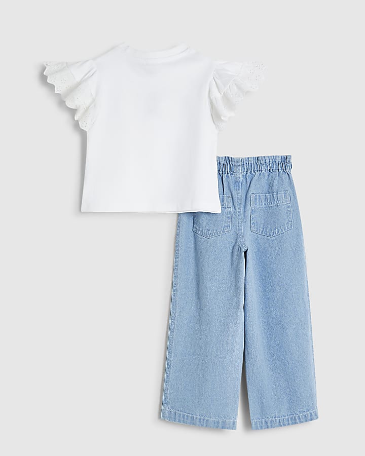 Mini Girls White Broderie Top And Jeans Set