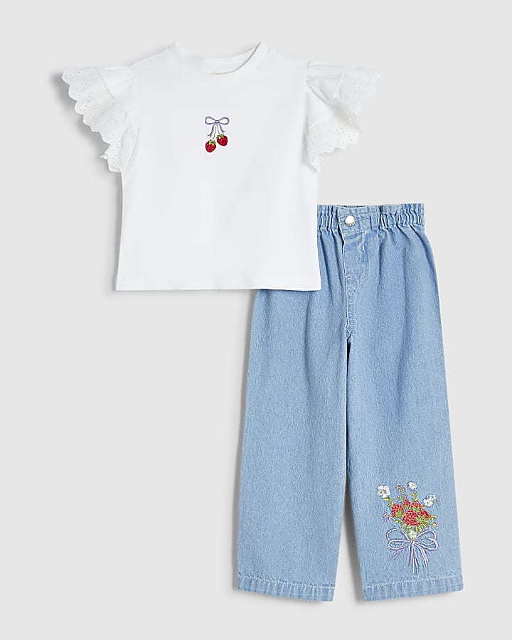 Mini Girls White Broderie Top And Jeans Set