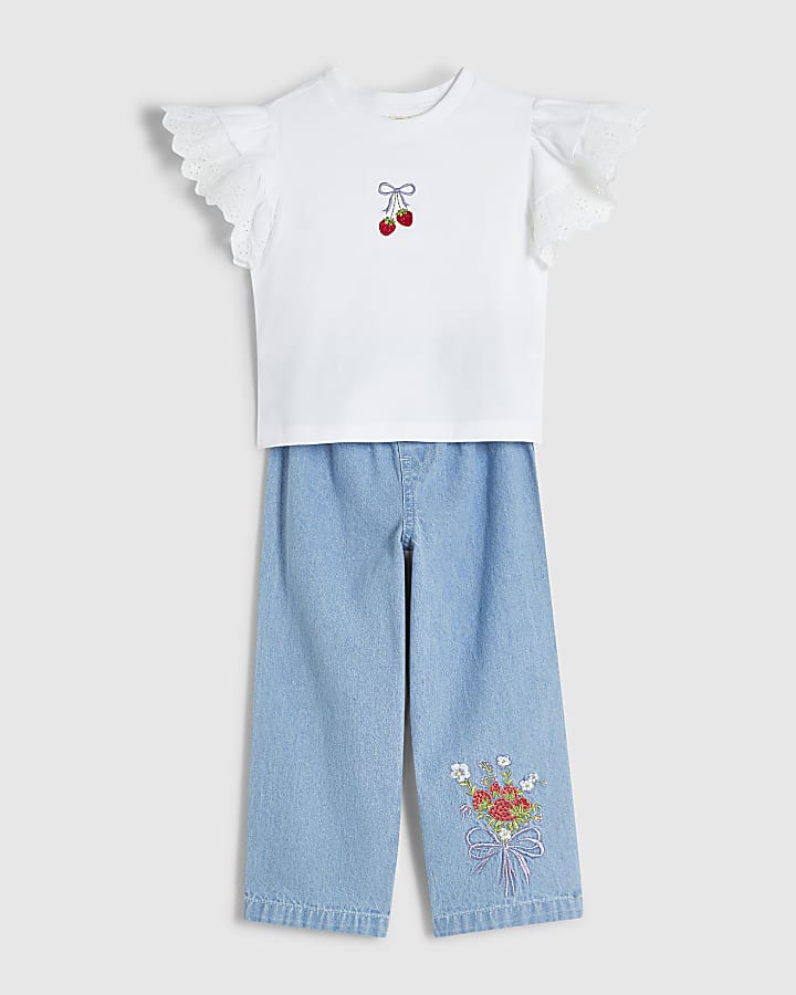 Mini Girls White Broderie Top And Jeans Set