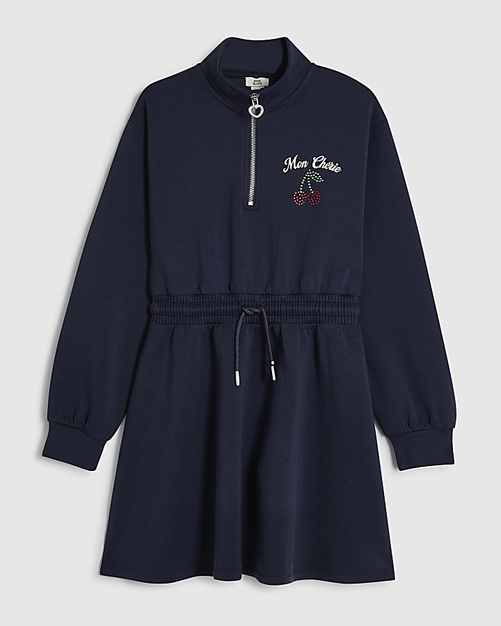 Girls Navy Premium Funnel Neck Dress