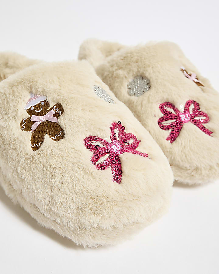 Girls Cream Christmas Print Slippers