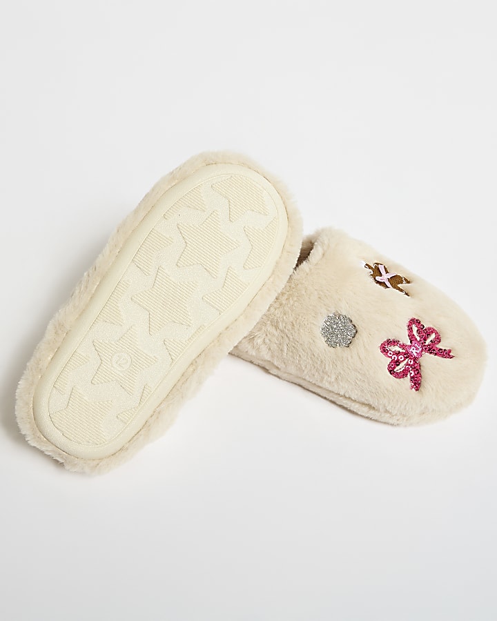 Girls Cream Christmas Print Slippers