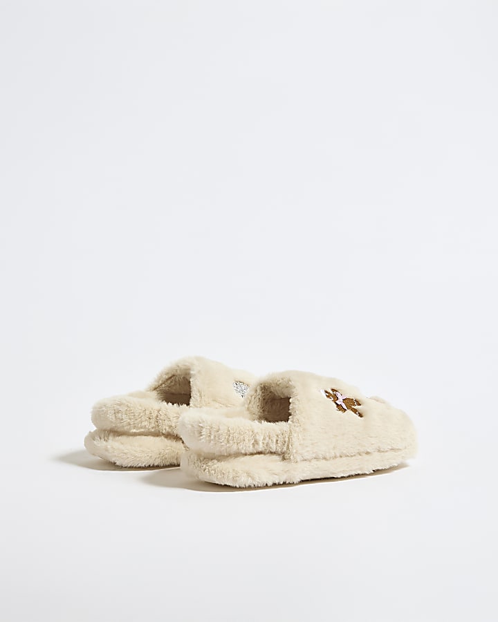Girls Cream Christmas Print Slippers