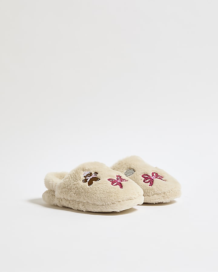 Girls Cream Christmas Print Slippers