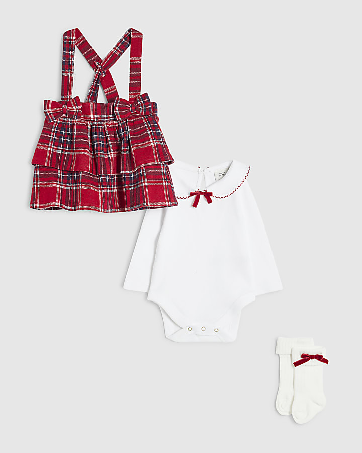 Baby Girls Red Pinny Checked Dress