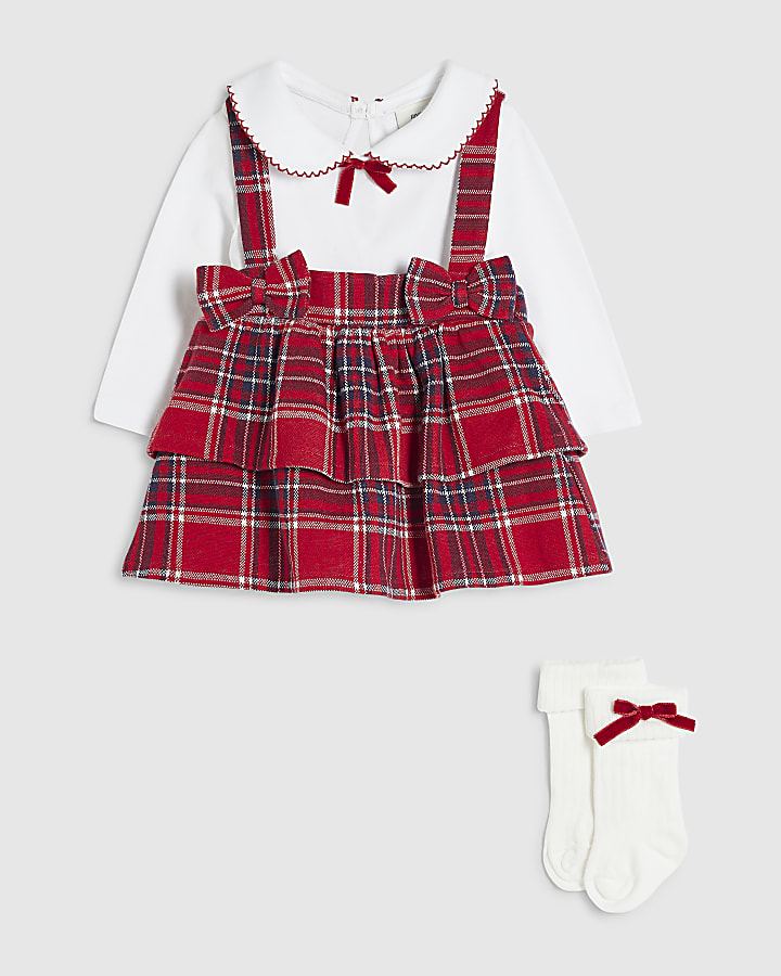 Baby Girls Red Pinny Checked Dress