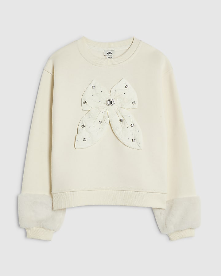 Girls Cream 3D Bow Fur Cuff Sweatshirt