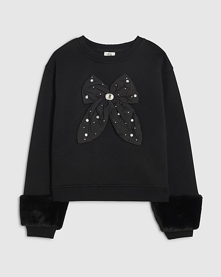 Girls Black 3D Bow Fur Cuff Sweatshirt