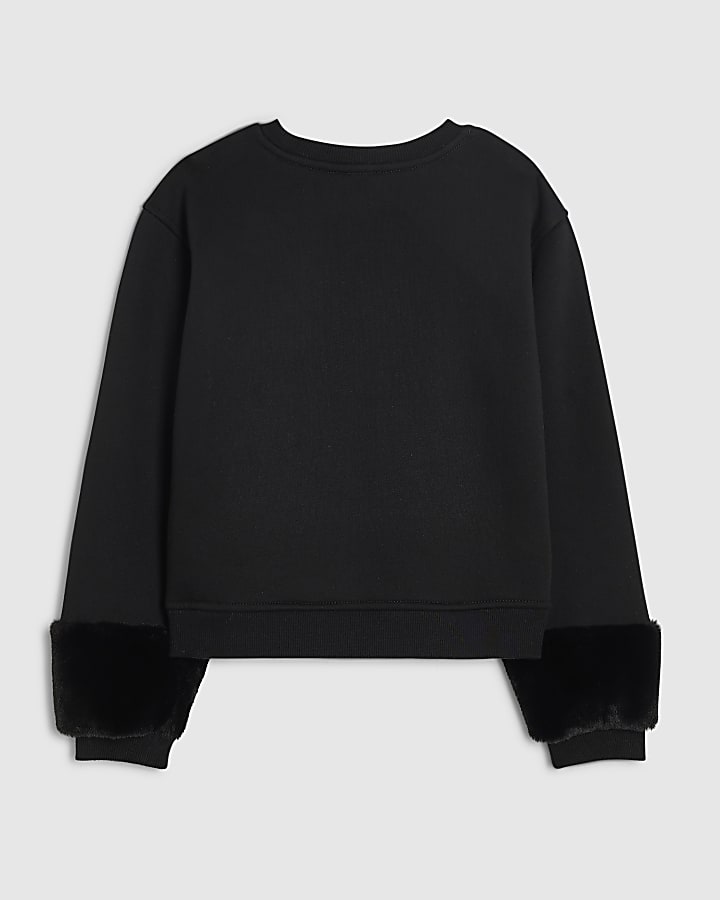 Girls Black 3D Bow Fur Cuff Sweatshirt