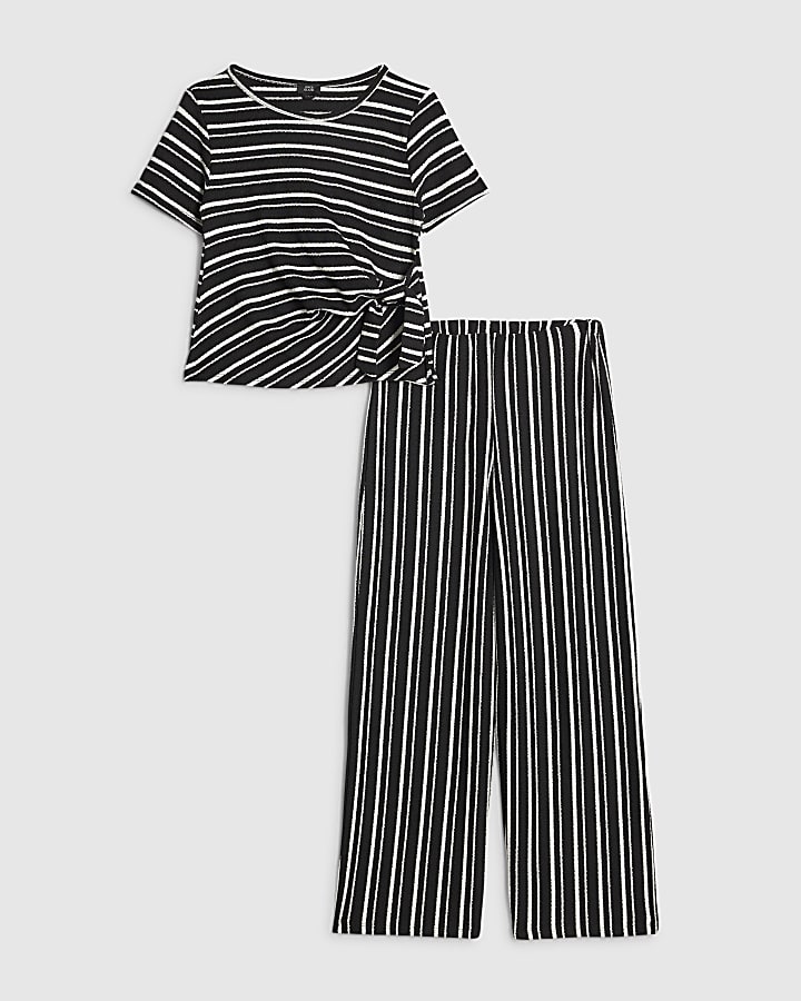 Girls Black Stripe T-Shirt and Trouser Set