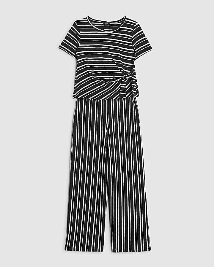 Girls Black Stripe T-Shirt and Trouser Set
