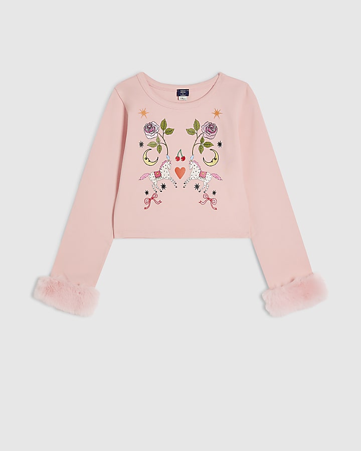 Girls Pink Faux Fur Cuff Icon Top