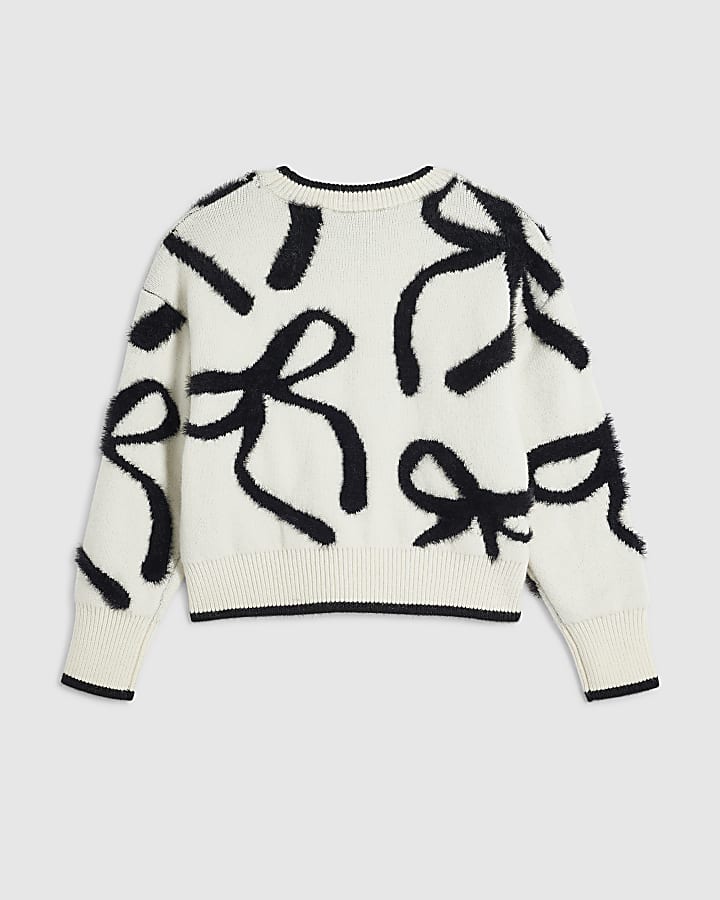 Girls White Fluffy Bow Jumper