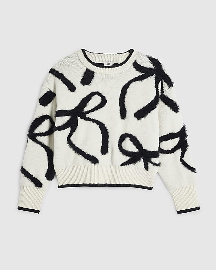 Girls White Fluffy Bow Jumper