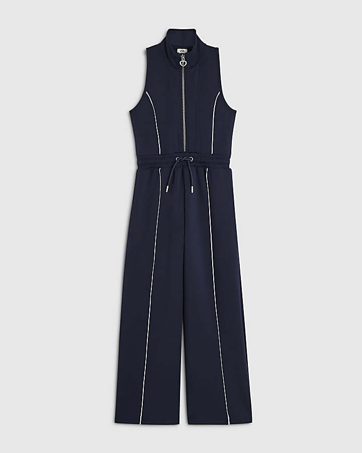 Girls Navy Premium Funnel Neck Jumpsuit