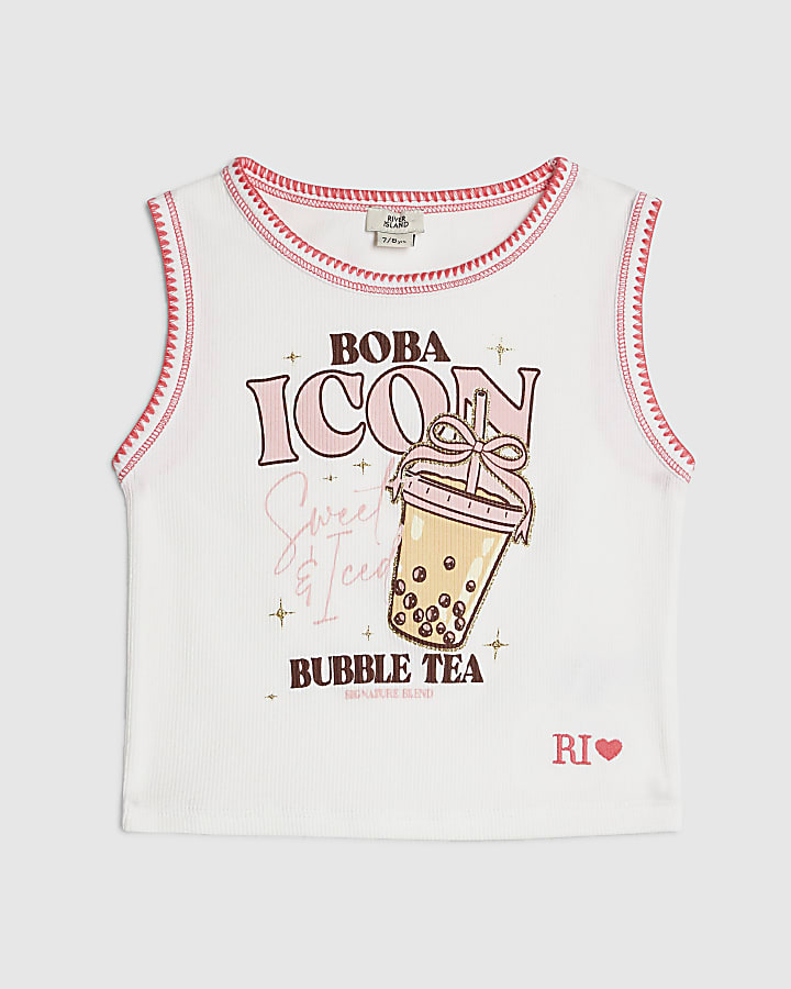 Girls White Boba Icon Whipstitch Tank Top 
