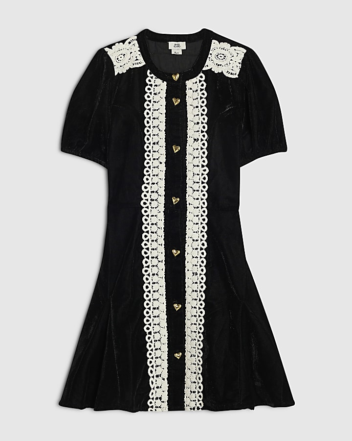Girls Black Velvet Lace Godet Dress