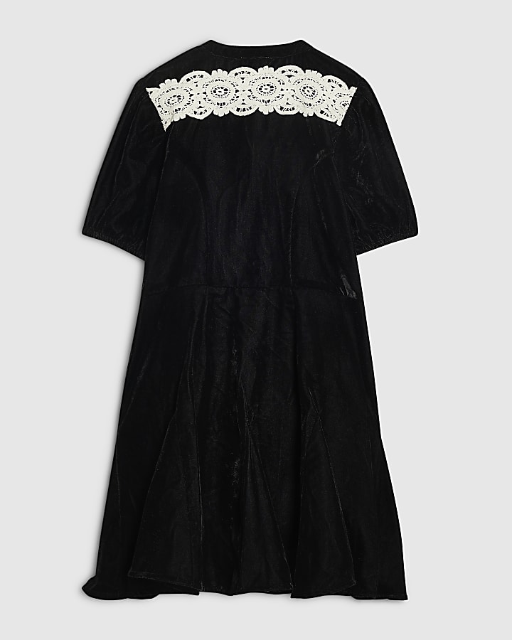 Girls Black Velvet Lace Godet Dress
