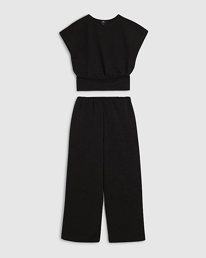 Girls Black Textured Cinched Trouser Set