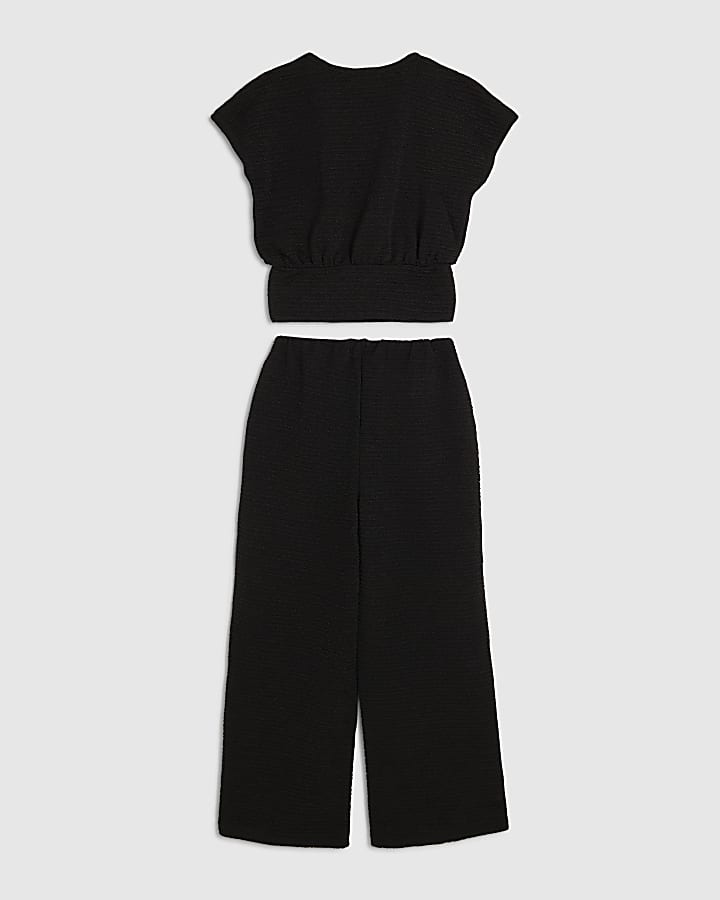 Girls Black Textured Cinched Trouser Set