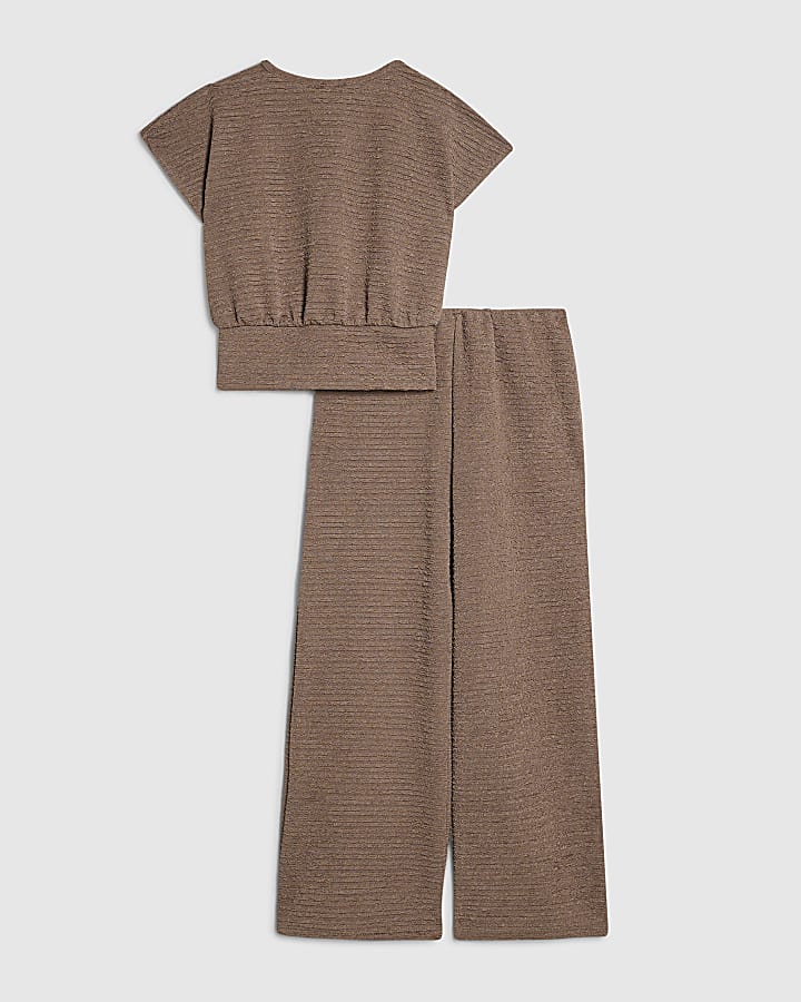 Girls Beige Cinched Top And Trousers Set