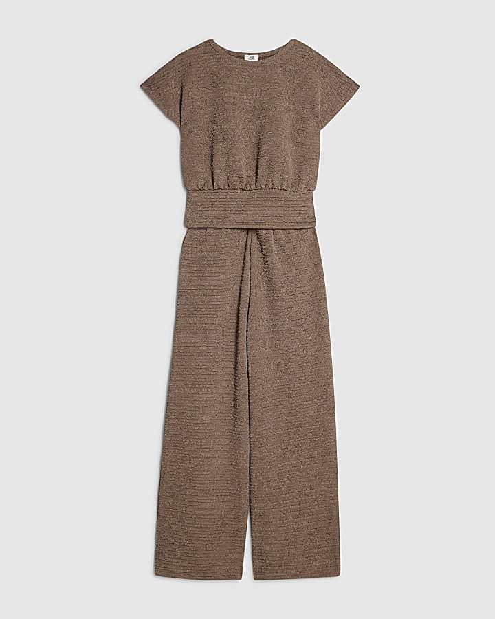 Girls Beige Cinched Top And Trousers Set