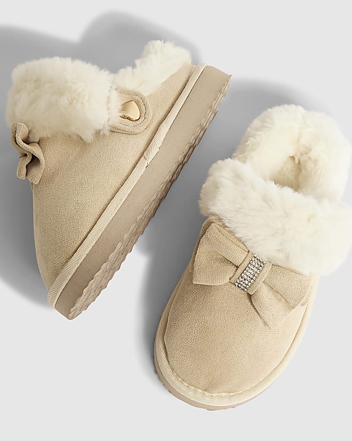 Mini Girls Beige Diamante Slippers