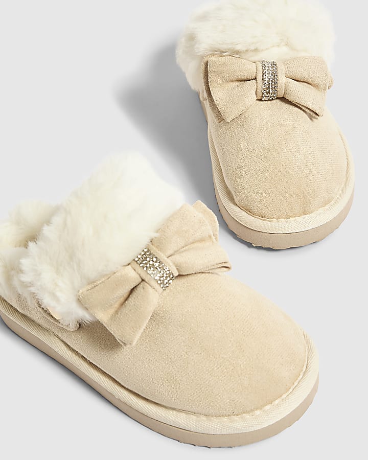 Mini Girls Beige Diamante Slippers