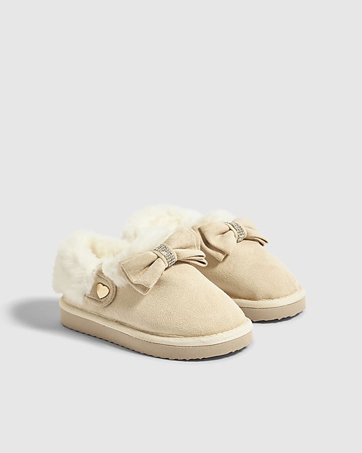 Mini Girls Beige Diamante Slippers