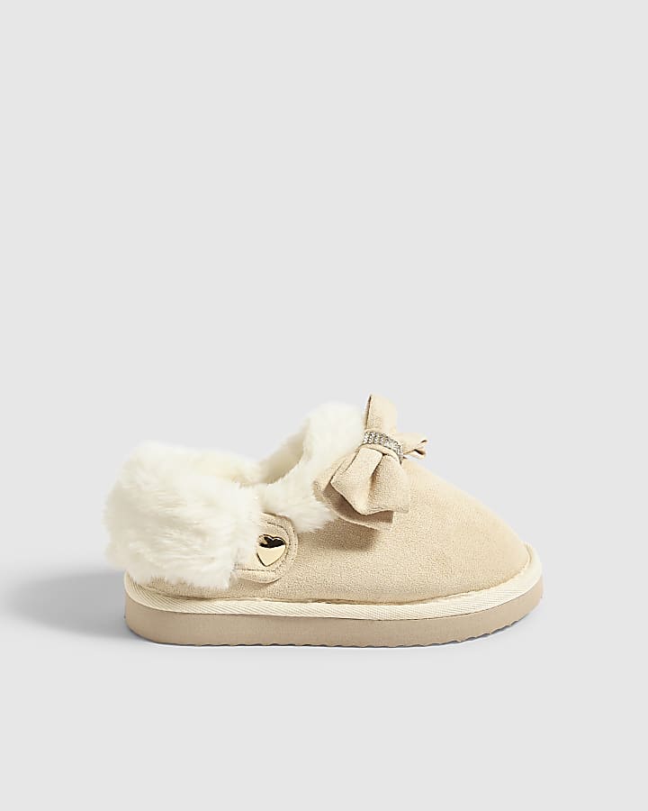 Mini Girls Beige Diamante Slippers
