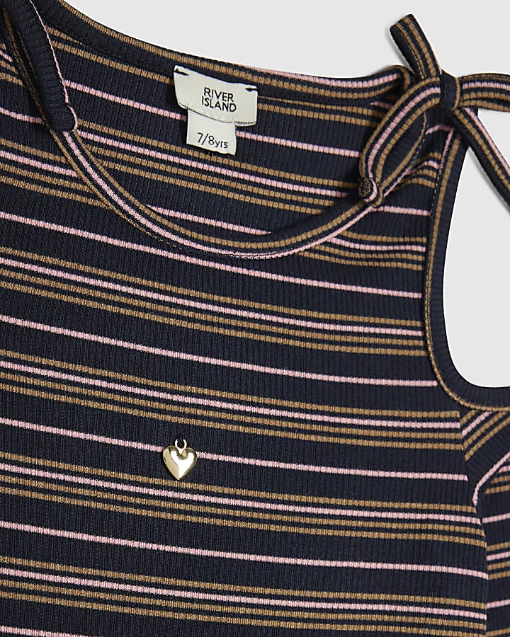Girls Navy Cold Shoulder Top Stripe Set