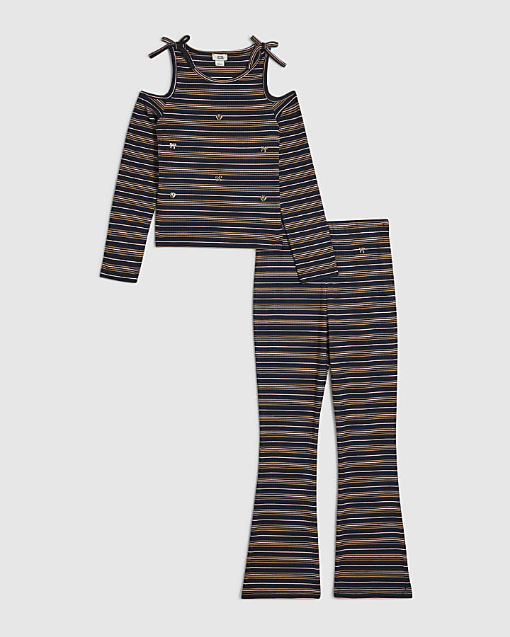 Girls Navy Cold Shoulder Top Stripe Set